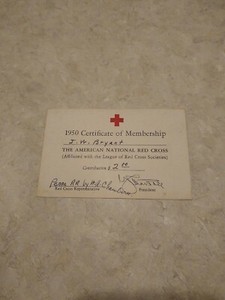American Red Cross Certificate Membership 1950 JW Bryant member card