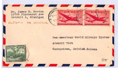 USA/BRITISH GUIANA Air Mail Cover 1946 PAN-AM TEST FLIGHT Retour Detroit YD240 - Image 1 of 4