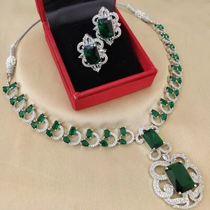 Bollywood Indian Silver Plated Ethnic AD CZ Jewelry Earrings Necklace Bridal Set - Picture 1 of 10