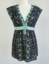 size 8 NANETTE LEPORE Black Floral-Lace & Aqua-Beaded, Pleated Empire Tunic-Top