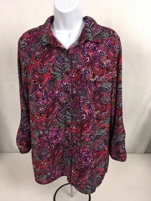 Blusa Elementz Feminina Tamanho Superior PXL Botões Roxa Rosa Paisley Bolsos Frontais - Imagem 1 de 4