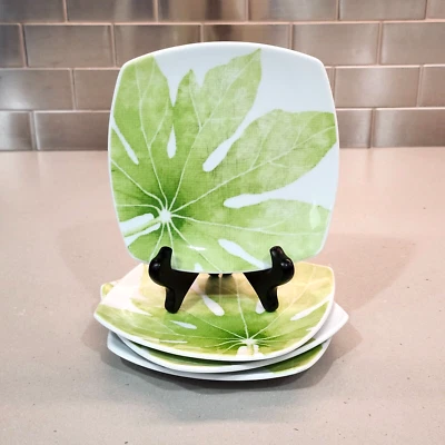 Crate and Barrel White Green Leaf Design 6 x 6 Square Appetizer Plates Lot of 4 - Image 1 of 4