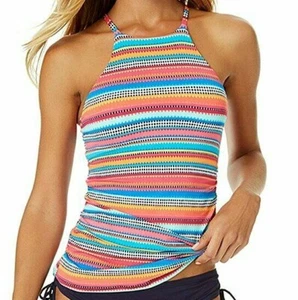 NWT Anne Cole Swimsuit Bikini Tankini Top Size L High Neck Multi Stripe - Picture 1 of 3