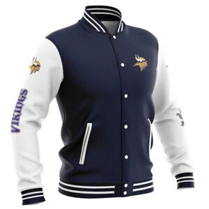 Minnesota Vikings Mens Varsity Jacket Basic Casual Button Bomber Jacket Outwear