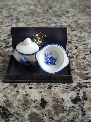 REUTTER PORCELAIN Miniature Dollhouse Blue Onion Soup Tureen & Bowl 1:12 NIB - Image 1 of 4