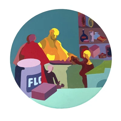 Vintage Original MCM Abstract Painting Figural Family Daily Life 12" Round - Image 1 of 4