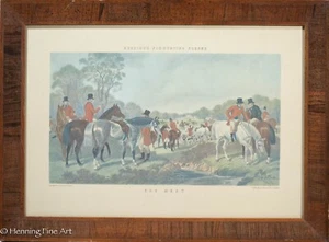 Beautiful Vintage English Fox Hunting Landscape Lithograph, Burl Wood Frame 1/2 - Picture 1 of 6