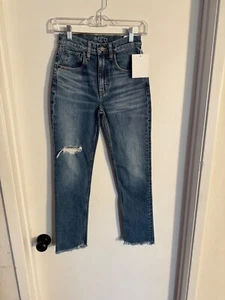 Women NWT "Etica" blue denim zip up mid rise slim jeans /Size 24 - Picture 1 of 2