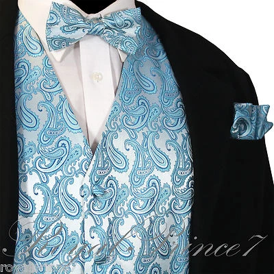 Turquoise XS to 6XL Paisley Tuxedo Suit Dress Vest Waistcoat & Bow tie Hanky - Image 1 of 4