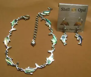 NWT- GENUINE BLUE OPAL PAUA SHELL DOLPHIN BRACELET PIERCED EARRING SET - Picture 1 of 7