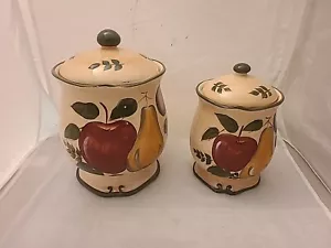 2 Pc Set HOME TREND Hand Painted Granada Fruit Tan/Green Lg/Md Canisters + Lids - Picture 1 of 6