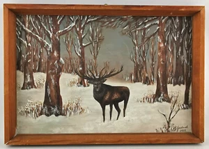 9160006 Oil Painting Lyduch Deer IN Winterlichem Wooded Area Signed Dat. 1959 - Picture 1 of 3