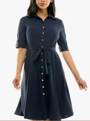 NWT~SHARAGANO Sz 12 Button Front Shirt Dress NAVY Rolled Sleeves Pockets $89 - Image 1 of 4