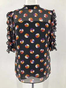 Karen Millen Ruffle Sleeve Top Blouse Black Colourfull Circles Print Uk 10 VgcT5 - Picture 1 of 10