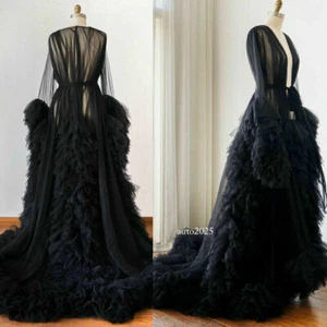 Lady Dress Gown Perspective Sheer Long Robe Puffy Tulle for Maternity Photoshoot - Picture 1 of 30