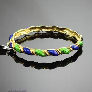 ANTIQUE UNIQUE HANDMADE ENAMEL BANGLE BRACELET 26 GRAM SOLID 18K YELLOW GOLD - Picture 1 of 9