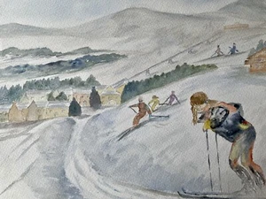 Vintage 90er Jahre Kunst / Aquarell Gemälde - Skifahren - Bild 1 von 2