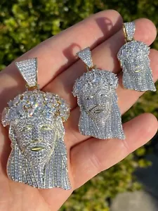 14k Gold Plated 925 Sterling Silver Two Tone Baguette Jesus Piece Pendant CZ - Picture 1 of 11