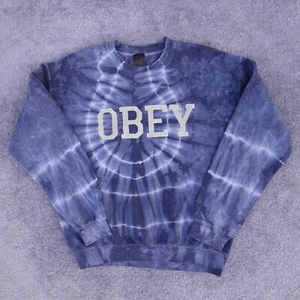 Obey Sweatshirt Men's S Blue Tie-dye Logo Spell Out Graphic Crewneck Sweater - Picture 1 of 7