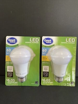 2 LED 60W = 9.9W Soft White 60 Watt Equivalent light bulbs Great Value Energy ⭐️ - Image 1 of 4