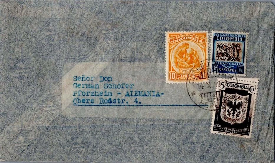 Colombia 5c Bogota Coat of Arms, 10c Gold Mining and 30c Coffee 1938 Correo Aere - Image 1 of 1