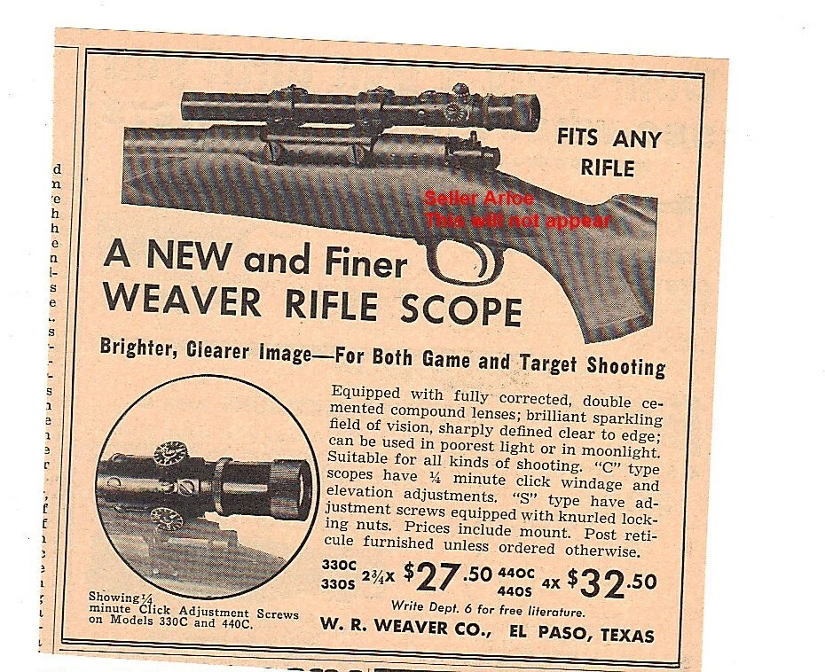 1937 Outdoor Life Early Weaver Rifle Scope Print Ad  - Изображение 1 из 1