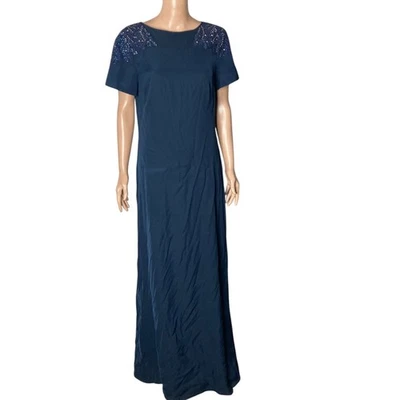 Vestido maxi formal feminino Tadashi Shoji tamanho 12 ombros frisados azul marinho  - Imagem 1 de 4