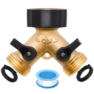 2-Way Brass Garden Hose Splitter Faucet Adapter with Rubber Grip Handle - Picture 1 of 7