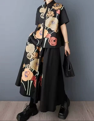 Ladies Black Urban Street Chic 2 Piece Skirt Co Ord  Set Edgy  Blouse Top  10 12 - Image 1 of 4