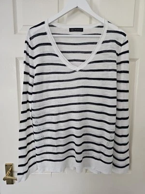 M&S Linen Blend Jumper Size 16 Lightweight Navy & White Stripe Long Sleeves  - Image 1 of 4