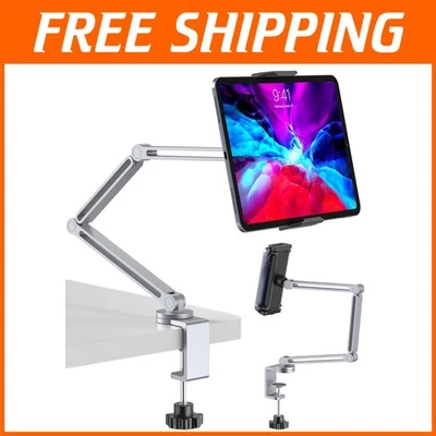Sleek Silver Tablet Arm Mount with Strong Clamp – Easy Setup for Any Surface - Image 1 of 4