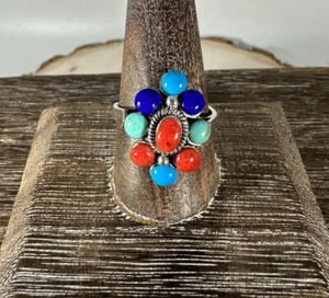 Southwestern 925 Sterling Silver Multi Stone Cluster Statement Ring Sz 9.75 - Picture 1 of 9