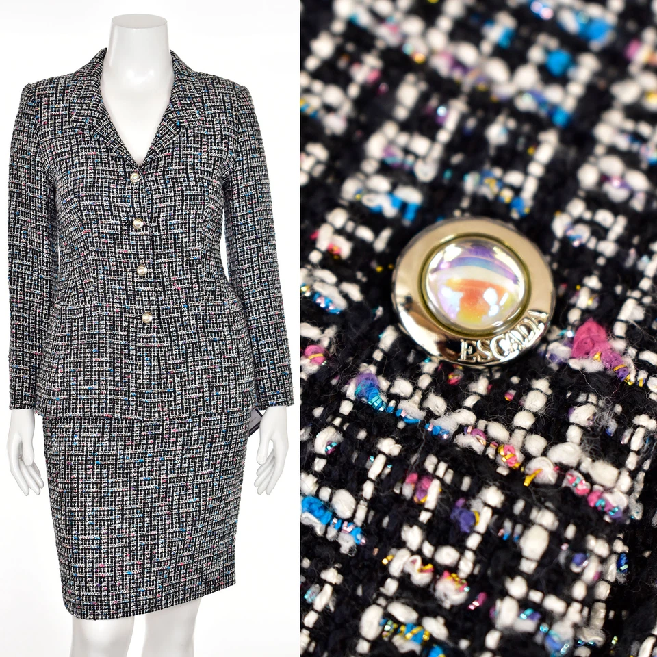 *¡BRILLANTE!* Traje Chaqueta y Falda Escada 2 Piezas en Negro/Blanco Multi Brillo talla 8 Foto 1 de 4