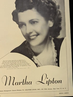 Martha Lipton 1944 Booking Ad Musical Performer Concert Soprano - Image 1 of 3
