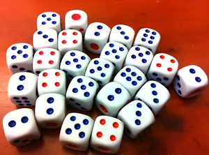 12 Dice 10mm White Colour Blue Red Numbers 6 sided Poker Board Games Yahtzee Die - Picture 1 of 2