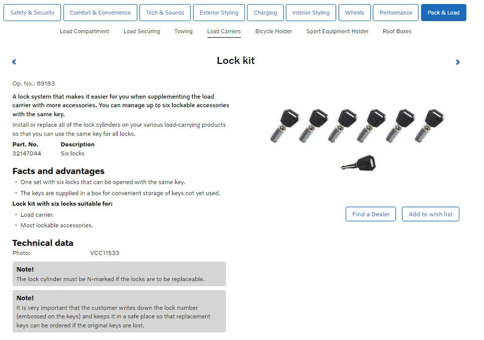 Kit de bloqueo original Volvo XC90 para barra de carga y accesorios de techo (6 cerraduras) 32147044 Foto 1 de 1