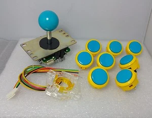 Set of 8 pcs Japan Sanwa Mix Yellow Blue Buttons & Blue Joystick & GT-Y Parts - Picture 1 of 9