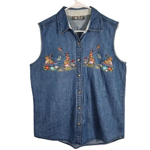 Way To Go Vintage Denim ärmelloses Button Down Hemd M/L bestickt Coastal - Bild 1 von 6