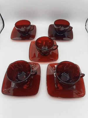 Vintage Anchor Hocking Royal Ruby Red Square Charm Teacups Saucers Set Of 5 - Image 1 of 4
