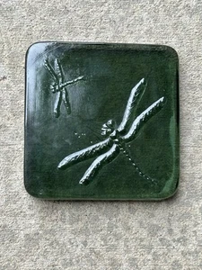 Vintage Embossed Square Green Glass Dragonfly Paperweight Or Garden Stone 5.5” - Picture 1 of 3