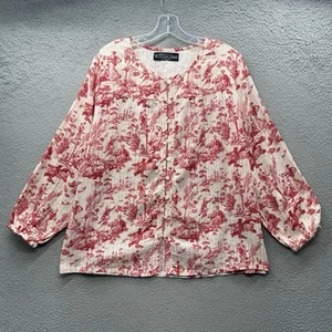 The J. Peterman Company Red Cream Beige Art Toile Gauze Top Blouse Size L - Picture 1 of 13