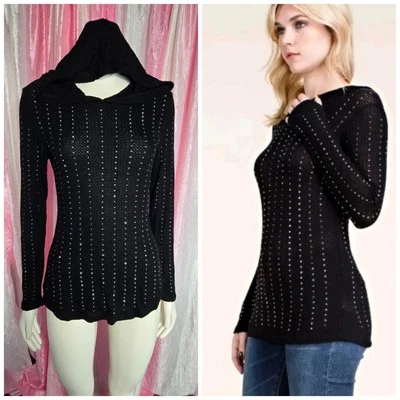 Moletom com capuz Vocal listrado de strass preto elástico térmico tamanho pequeno novo com etiquetas  - Imagem 1 de 4