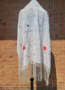 Vintage Silk Piano Shawl Floral Embroidery 52 x 52" Manton de Manila (Read Desc) - Picture 1 of 24