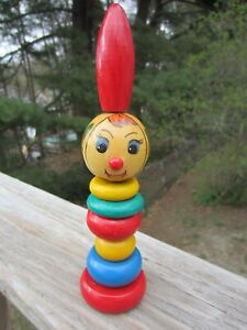 Vintage Wooden Stacking Toy  8" tall with female face and colored wood rings