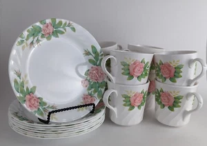 Corelle by Corning Ware Elegant Rose Swirl 16-Piece Cup & Bread Plate Set MINT - Picture 1 of 12