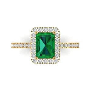 1.86 cttw Emerald-Cut Simulated Emerald Halo Engagement Ring (14K Yellow Gold) - Picture 1 of 11