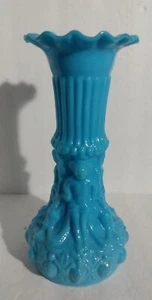 Antique French Blue Milk Glass Gothic Vibes Vase 1930's Ribbed Ruffle Top Trippy - Picture 1 of 11