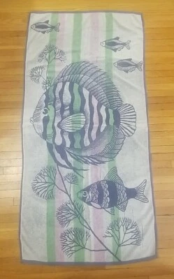 Vintage 80s/90s Tropical Fish Coral Cotton Terry Sea Drift Beach Towel Geometric - Image 1 of 4