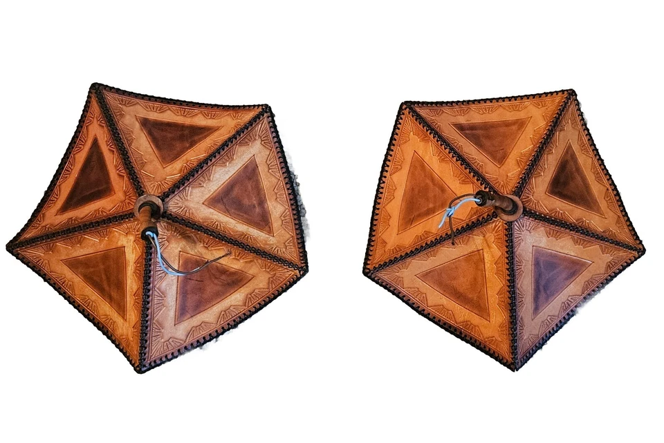 Vintage Tooled Leather Shade Hanging Pendant Light Fixture Set Of 2 Handmade  - Image 1 of 4