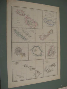 100% ORIGINAL LARGE MALTA BERMUDA MADERIA FIJI ISLANDS MAP BY WELLER C1863  VGC - Picture 1 of 1